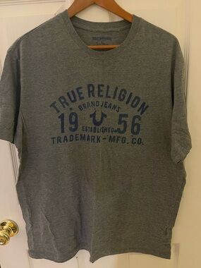 True Religion Grey Tee with Navy Logo Graphic